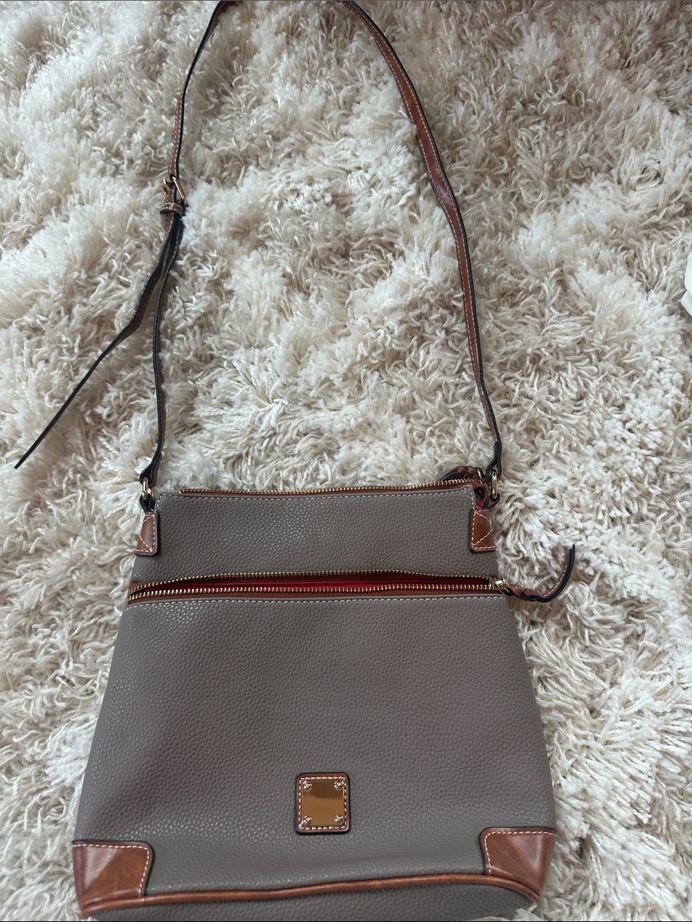 Dooney & Bourke Taupe Crossbody with Brown Trim and Gold Hardware